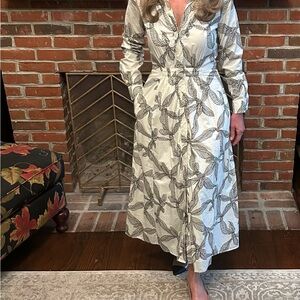 LOFT Cream and Black Leaf Pattern Midi Dress